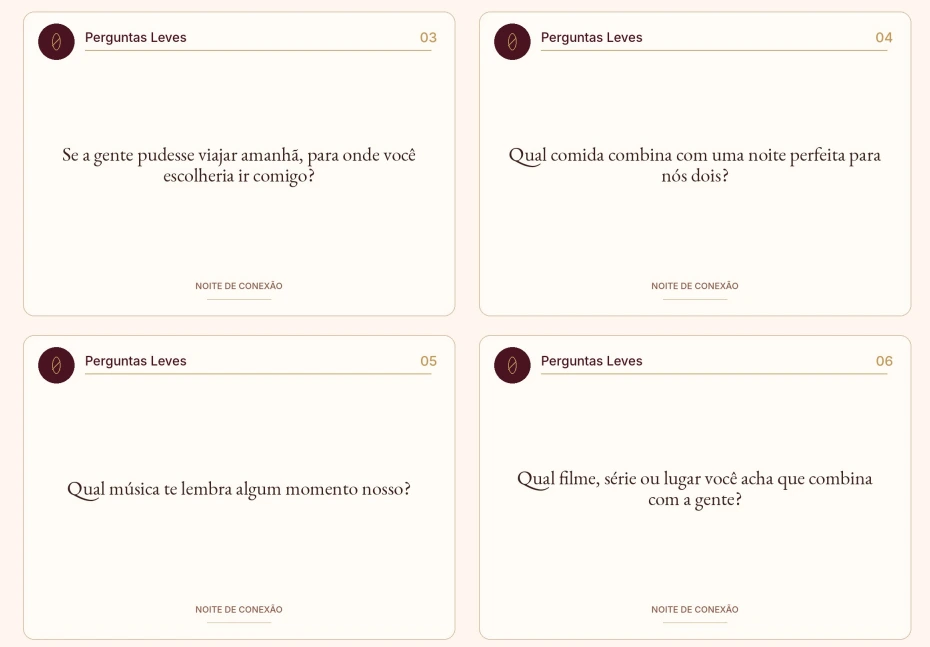 Prévia real das cartas impressas da Noite de Conexão em folha para recortar e usar