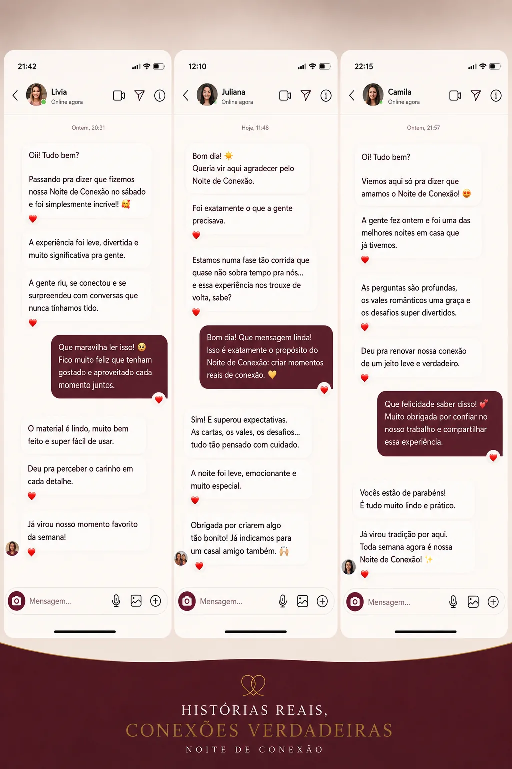 Depoimentos recebidos no Instagram sobre a Noite de Conexão