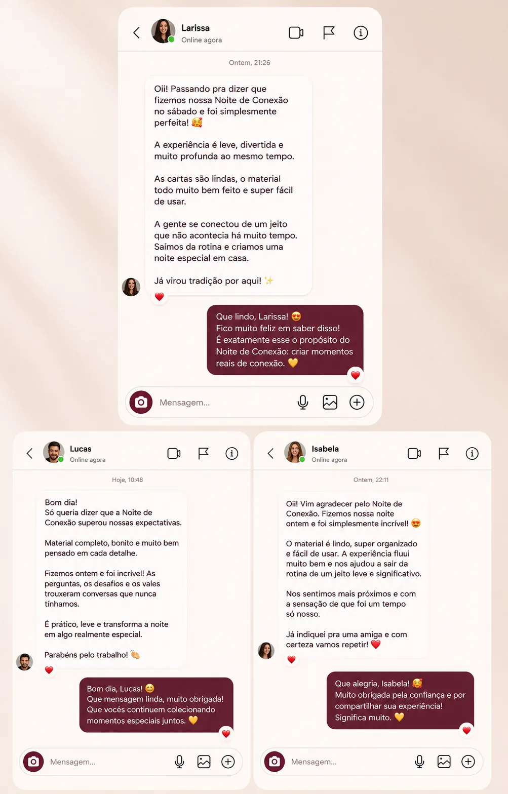 Prints de depoimentos positivos sobre a experiência Noite de Conexão