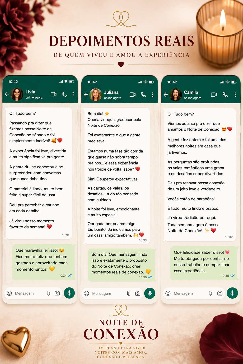 Prints de depoimentos positivos sobre a experiência Noite de Conexão