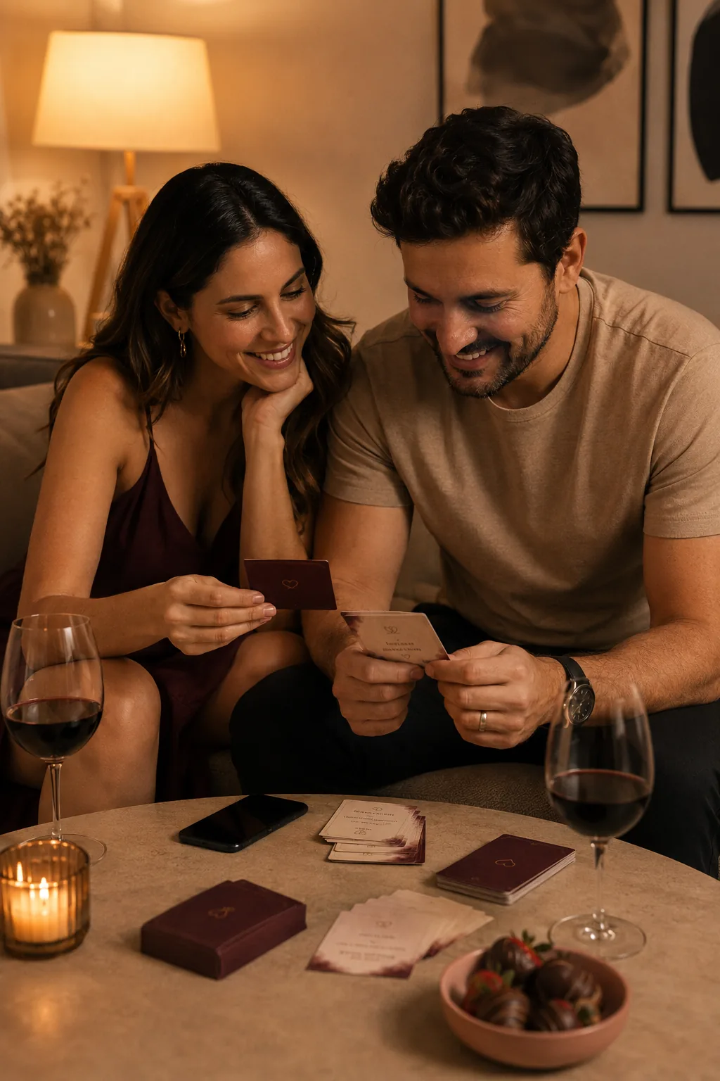 Casal usando a Noite de Conexão em casa com cartas e celular