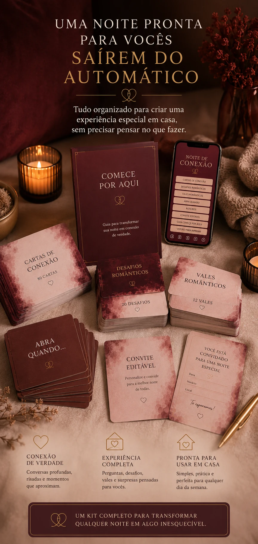 Mockup da experiência completa Noite de Conexão com guia, cartas, vales e materiais organizados