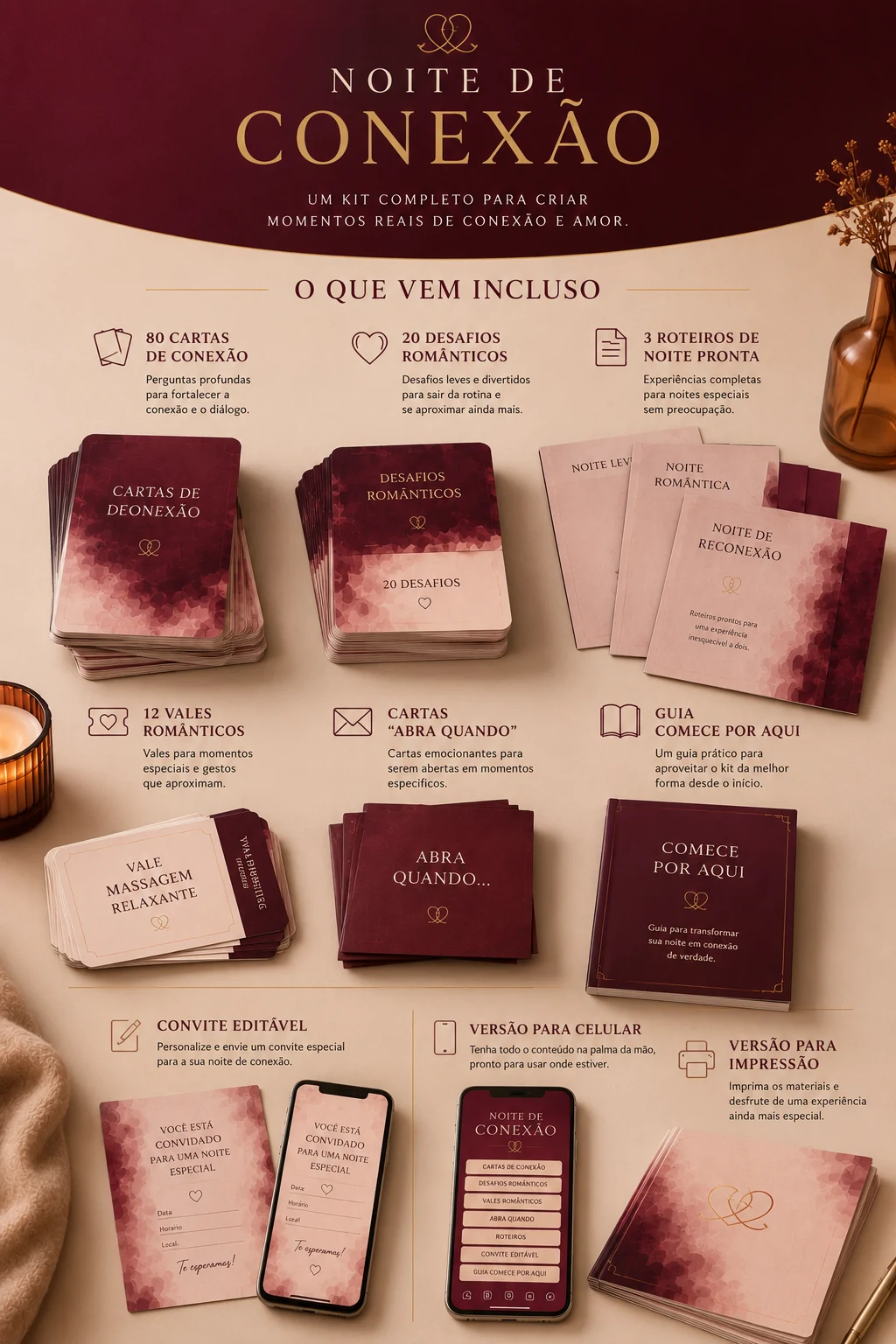 Kit completo da Noite de Conexão com 80 cartas, 20 desafios, 3 roteiros, 12 vales, cartas Abra Quando, guia e convite
